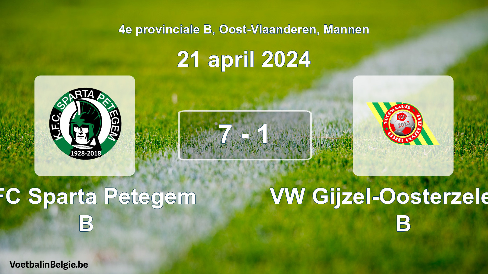 Gespeelde wedstrijd mannenvoetbal: KFC Sparta Petegem B - VW Gijzel-Oosterzele VW B 7 - 1 (21 april 2024)
