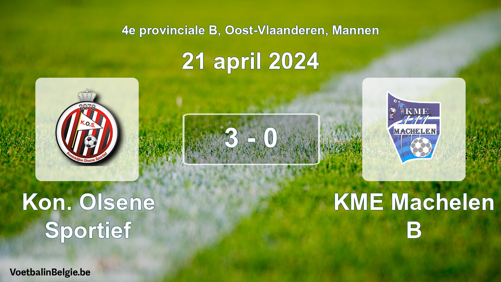Gespeelde wedstrijd mannenvoetbal: Kon. Olsene Sportief - KME Machelen B 3 - 0 (21 april 2024)