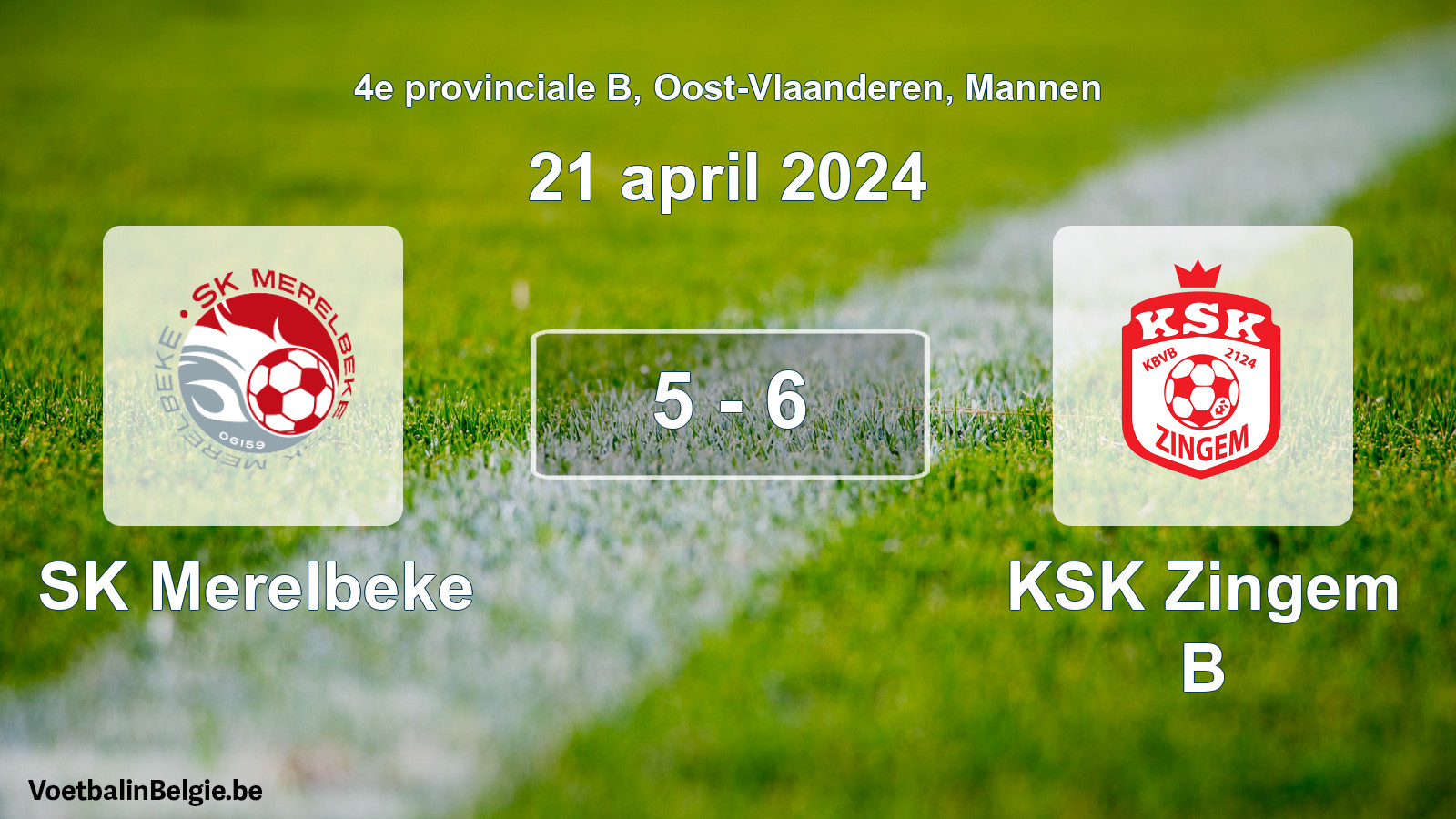 Gespeelde wedstrijd mannenvoetbal: SK Merelbeke - KSK Zingem B 5 - 6 (21 april 2024)
