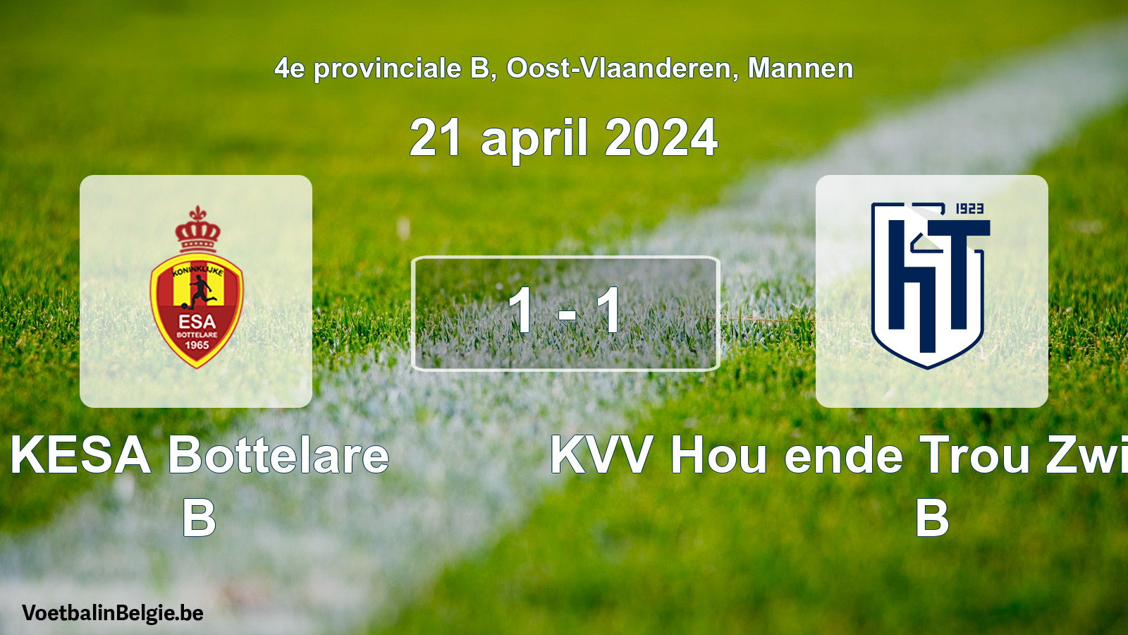 Gespeelde wedstrijd mannenvoetbal: KESA Bottelare B - KVV Hou ende Trou Zwijnaarde B 1 - 1 (21 april 2024)