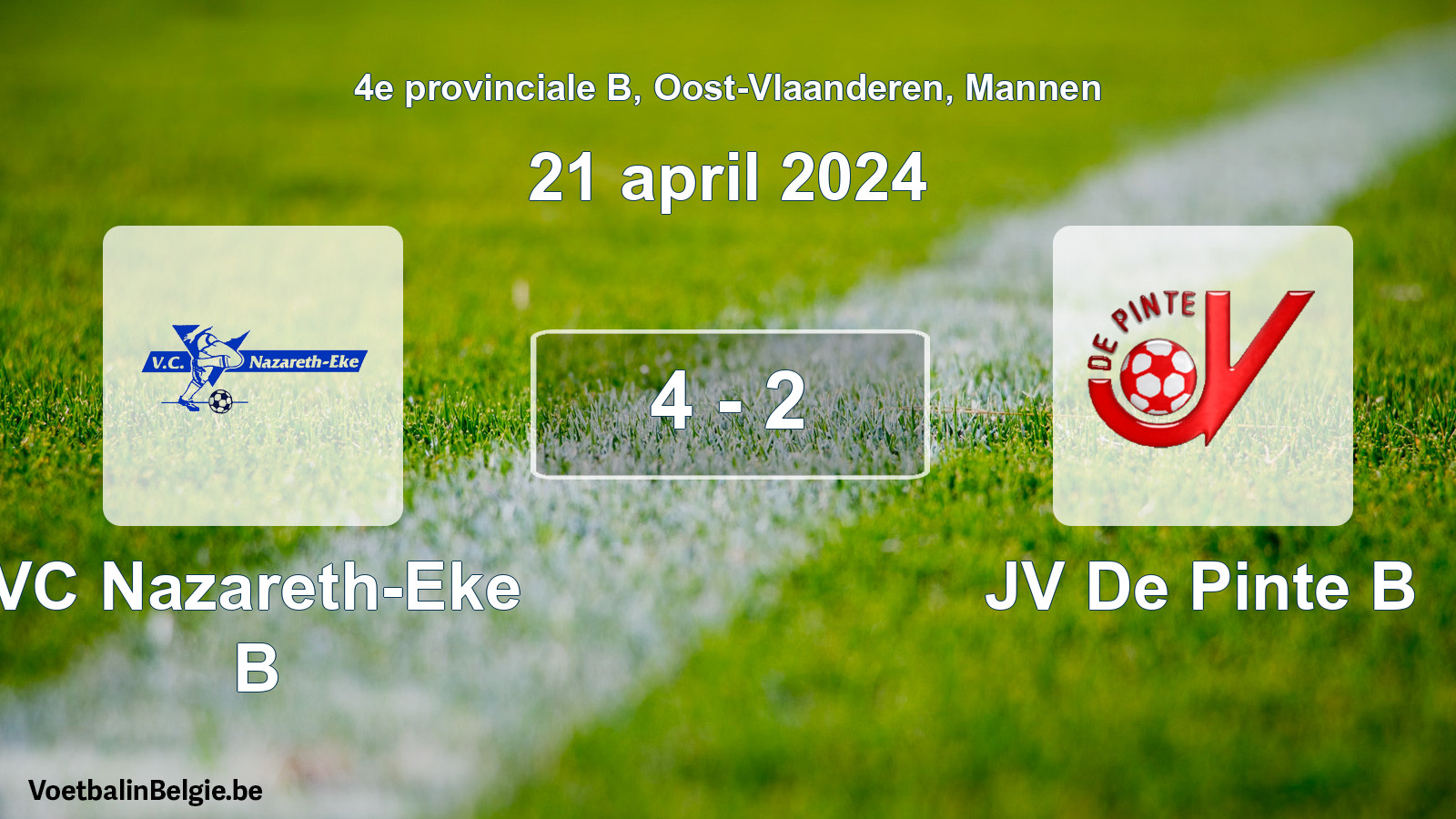 Gespeelde wedstrijd mannenvoetbal: VC Nazareth-Eke B - JV De Pinte B 4 - 2 (21 april 2024)