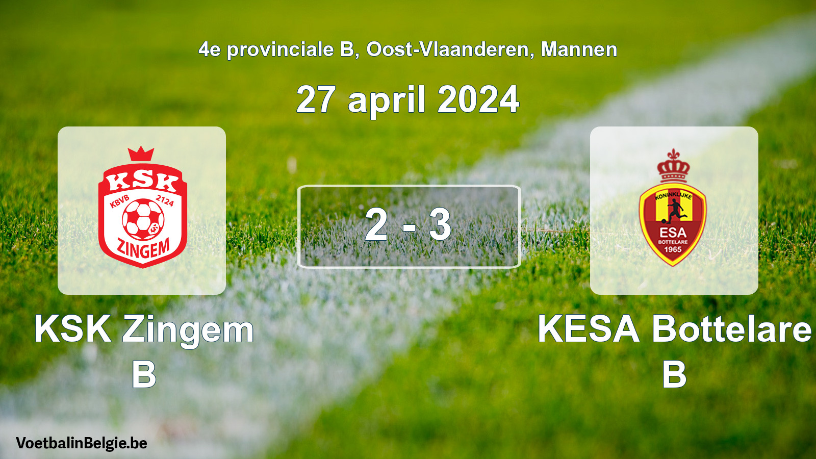 Gespeelde wedstrijd mannenvoetbal: KSK Zingem B - KESA Bottelare B 2 - 3 (27 april 2024)