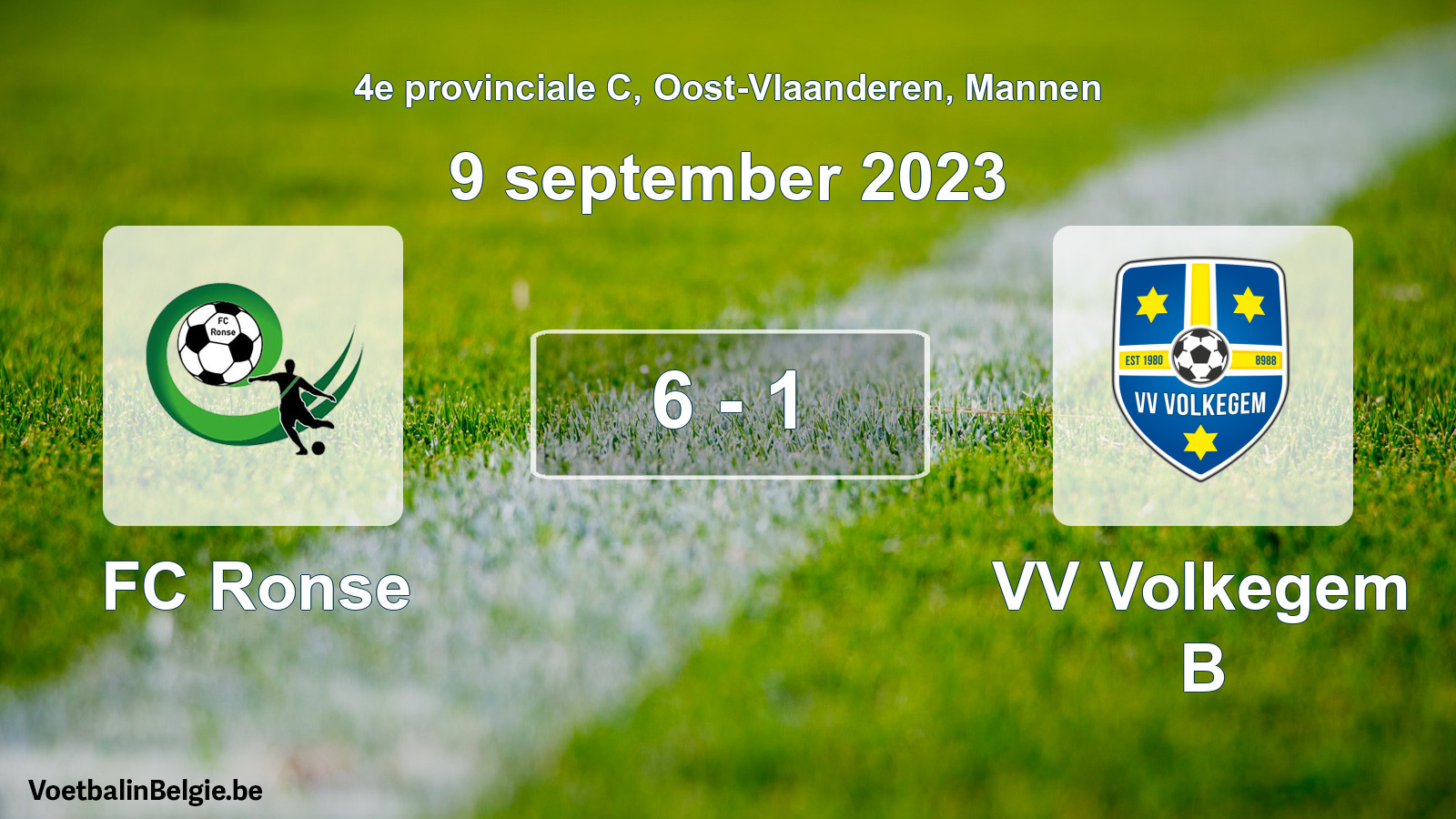 Gespeelde wedstrijd mannenvoetbal: FC Ronse - VV Volkegem B 6 - 1 (9 september 2023)