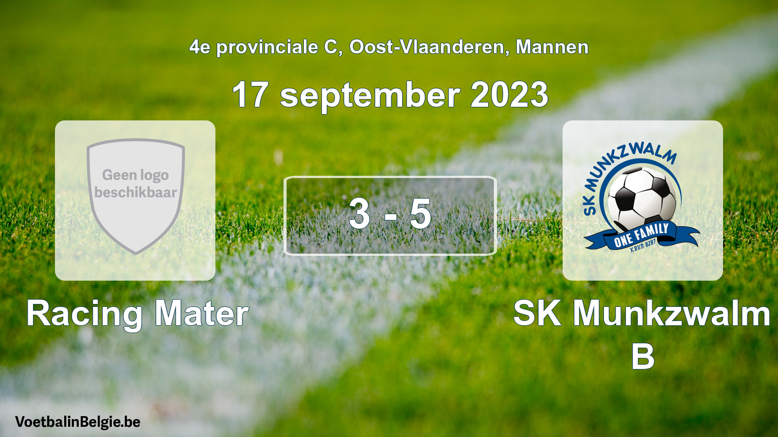 Gespeelde wedstrijd mannenvoetbal: Racing Mater - SK Munkzwalm B 3 - 5 (17 september 2023)
