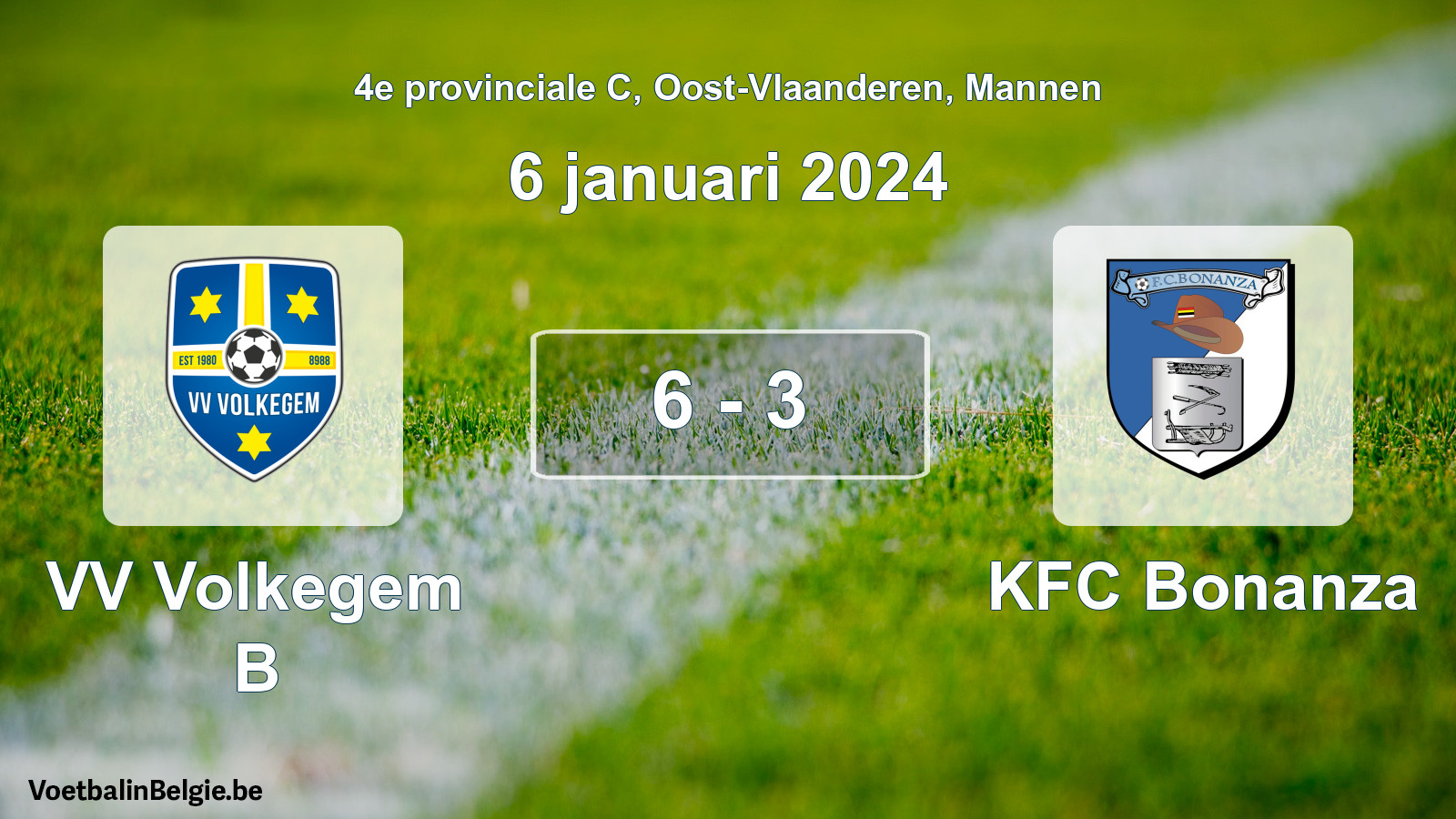 Gespeelde wedstrijd mannenvoetbal: VV Volkegem B - KFC Bonanza 6 - 3 (6 januari 2024)