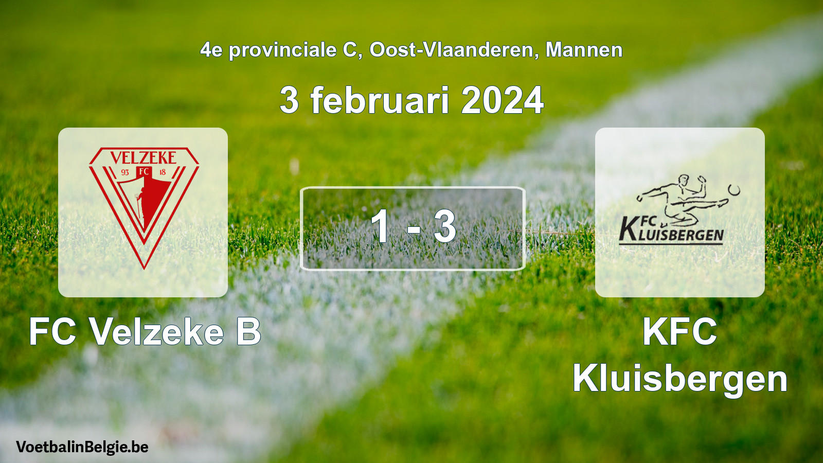Gespeelde wedstrijd mannenvoetbal: FC Velzeke B - KFC Kluisbergen 1 - 3 (3 februari 2024)