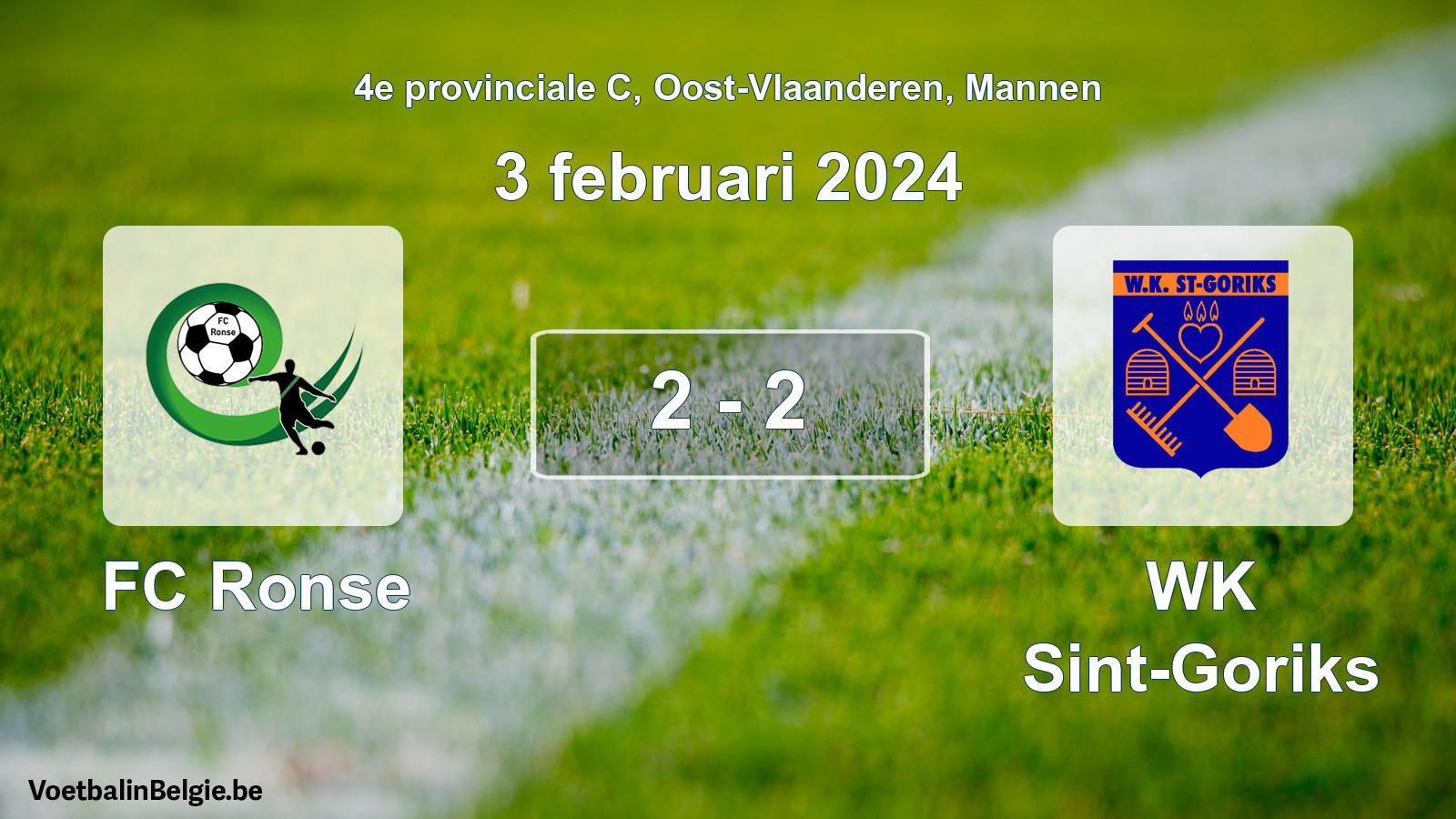 Gespeelde wedstrijd mannenvoetbal: FC Ronse - WK Sint-Goriks 2 - 2 (3 februari 2024)