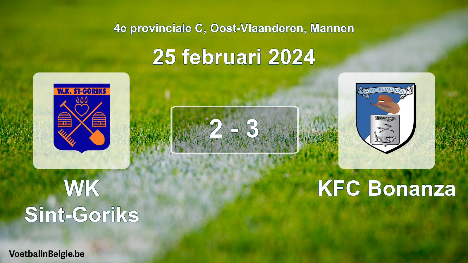 Gespeelde wedstrijd mannenvoetbal: WK Sint-Goriks - KFC Bonanza 2 - 3 (25 februari 2024)