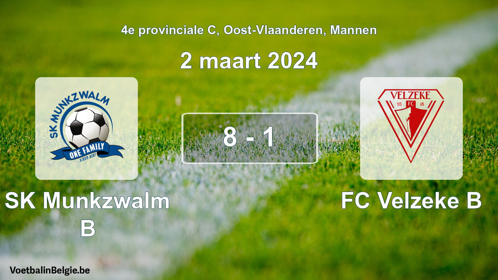 Gespeelde wedstrijd mannenvoetbal: SK Munkzwalm B - FC Velzeke B 8 - 1 (2 maart 2024)