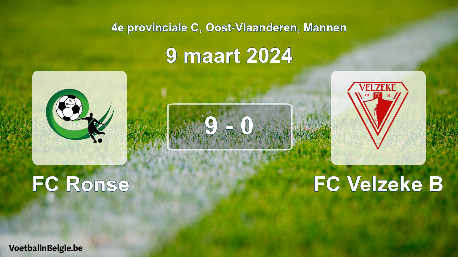 Gespeelde wedstrijd mannenvoetbal: FC Ronse - FC Velzeke B 9 - 0 (9 maart 2024)