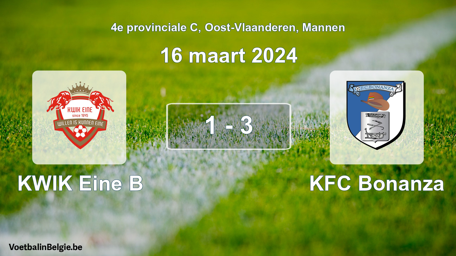 Gespeelde wedstrijd mannenvoetbal: KWIK Eine B - KFC Bonanza 1 - 3 (16 maart 2024)