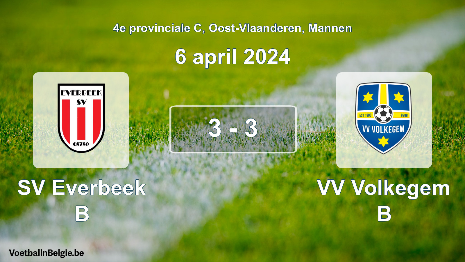 Gespeelde wedstrijd mannenvoetbal: SV Everbeek B - VV Volkegem B 3 - 3 (6 april 2024)