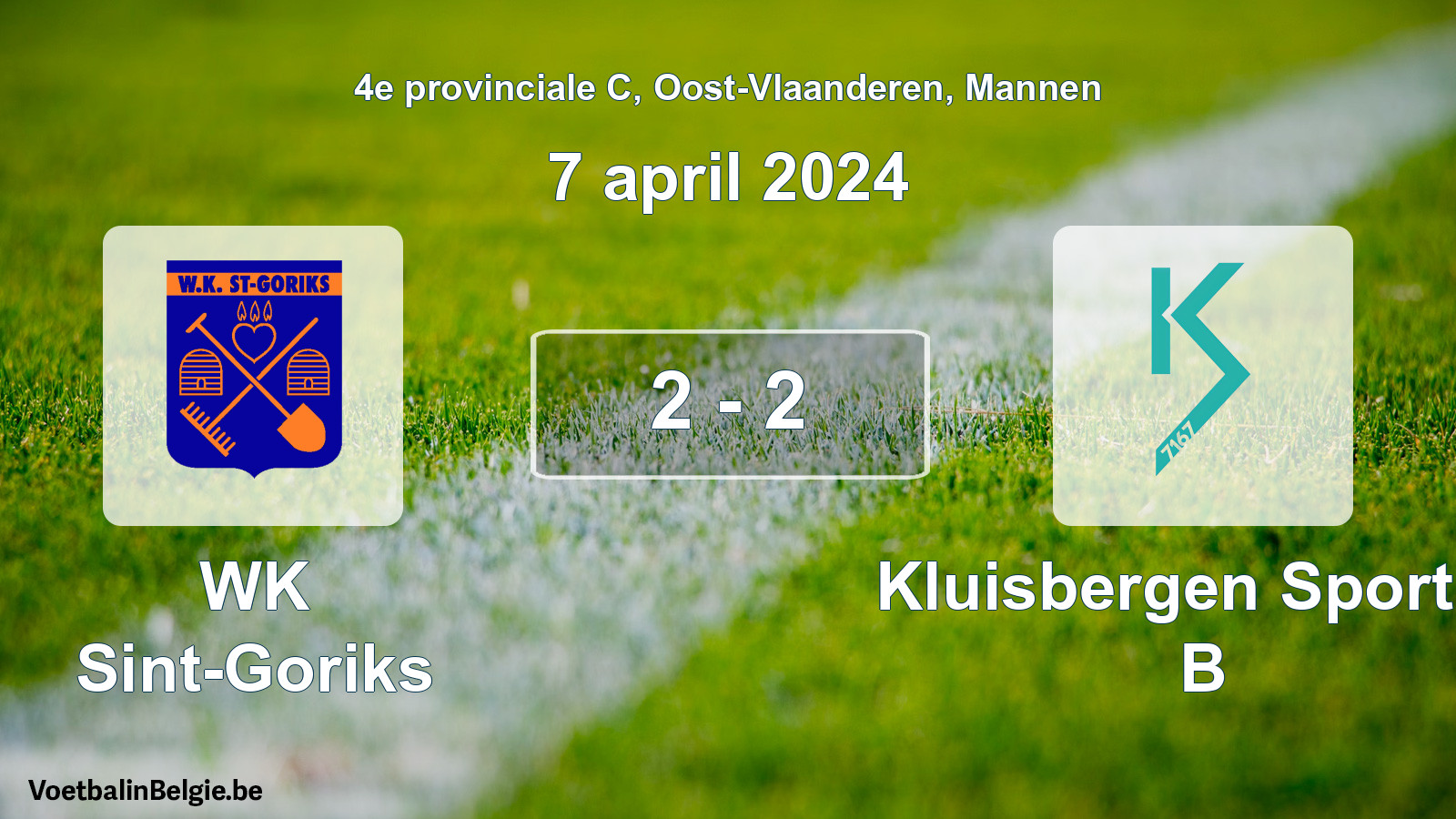 Gespeelde wedstrijd mannenvoetbal: WK Sint-Goriks - Kluisbergen Sportief B 2 - 2 (7 april 2024)