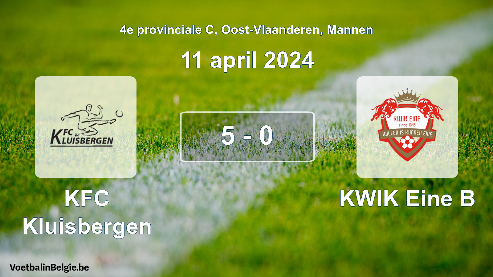 Gespeelde wedstrijd mannenvoetbal: KFC Kluisbergen - KWIK Eine B 5 - 0 (11 april 2024)