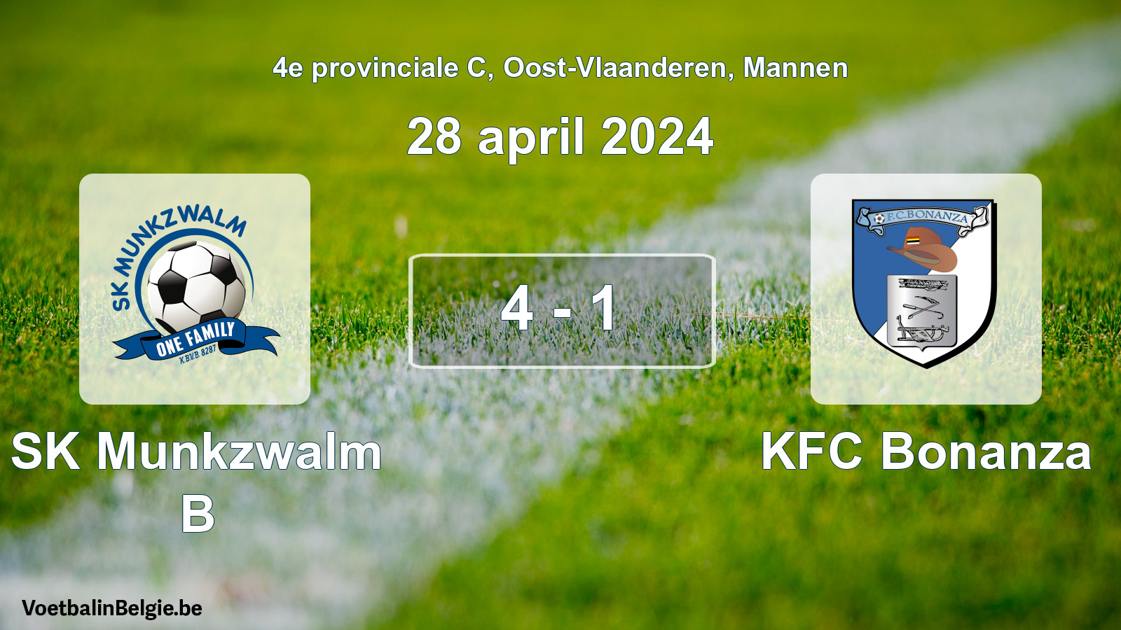 Gespeelde wedstrijd mannenvoetbal: SK Munkzwalm B - KFC Bonanza 4 - 1 (28 april 2024)