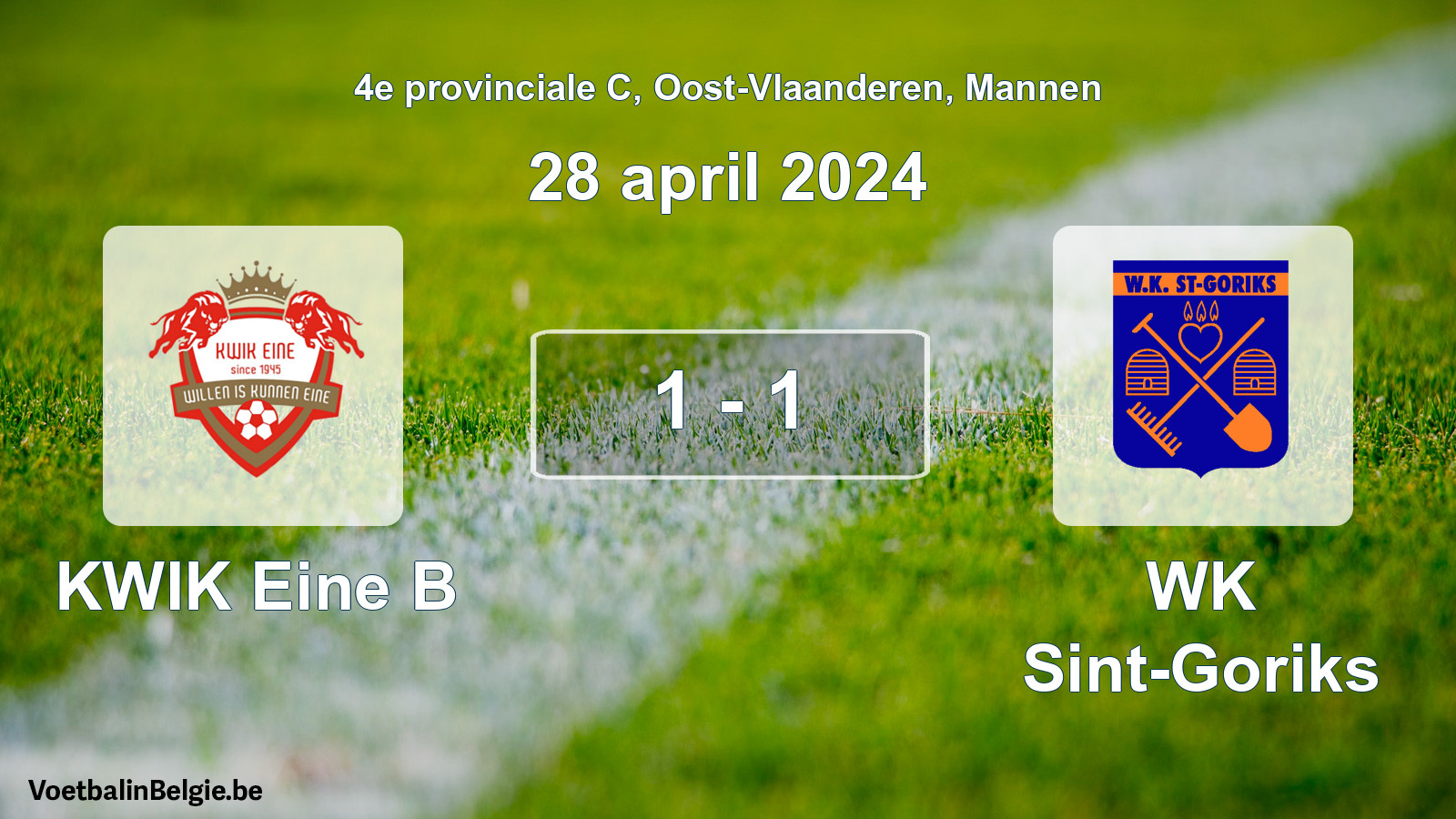 Gespeelde wedstrijd mannenvoetbal: KWIK Eine B - WK Sint-Goriks 1 - 1 (28 april 2024)