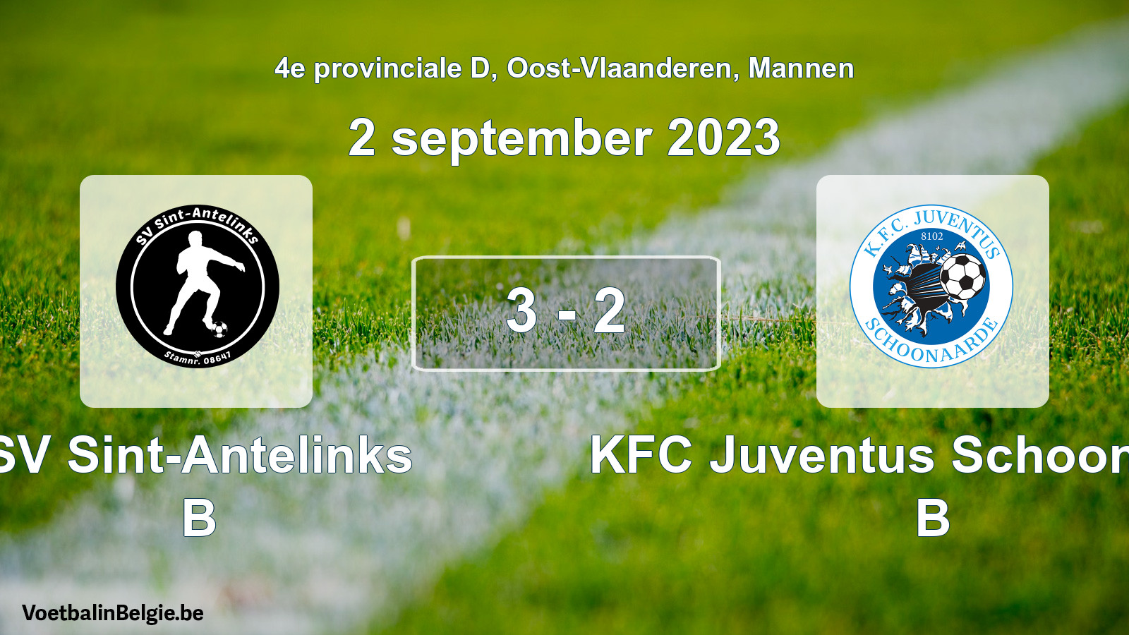 Gespeelde wedstrijd mannenvoetbal: SV Sint-Antelinks B - KFC Juventus Schoonaarde B 3 - 2 (2 september 2023)