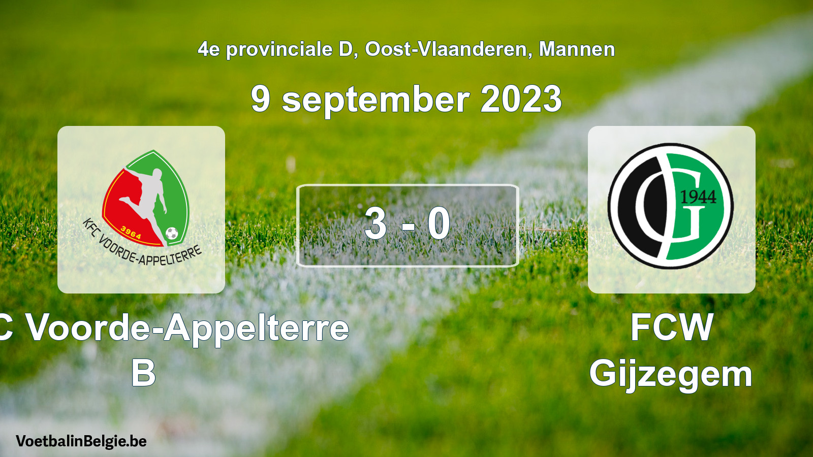 Gespeelde wedstrijd mannenvoetbal: KFC Voorde-Appelterre B - FCW Gijzegem 3 - 0 (9 september 2023)