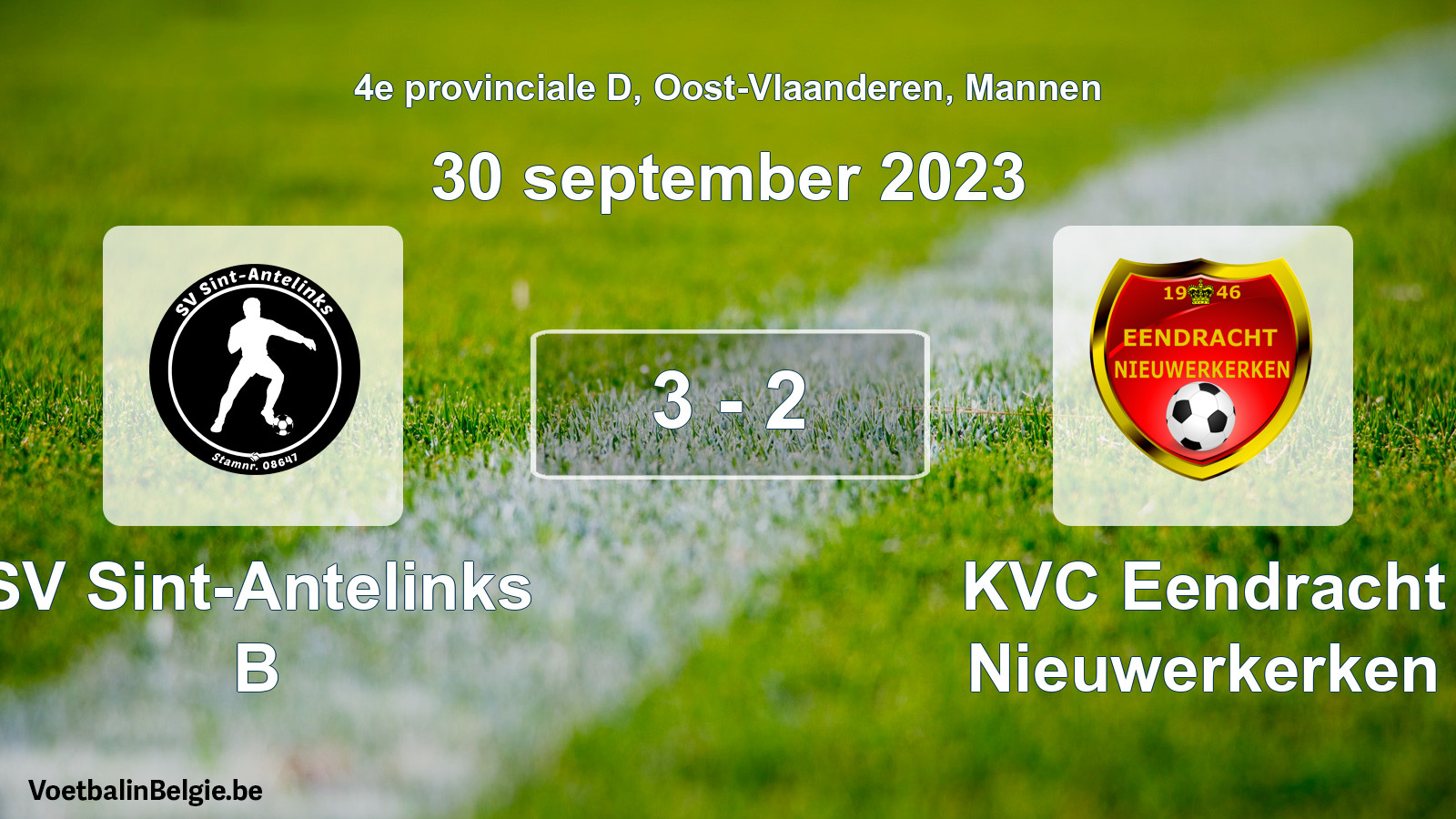 Gespeelde wedstrijd mannenvoetbal: SV Sint-Antelinks B - KVC Eendracht Nieuwerkerken 3 - 2 (30 september 2023)