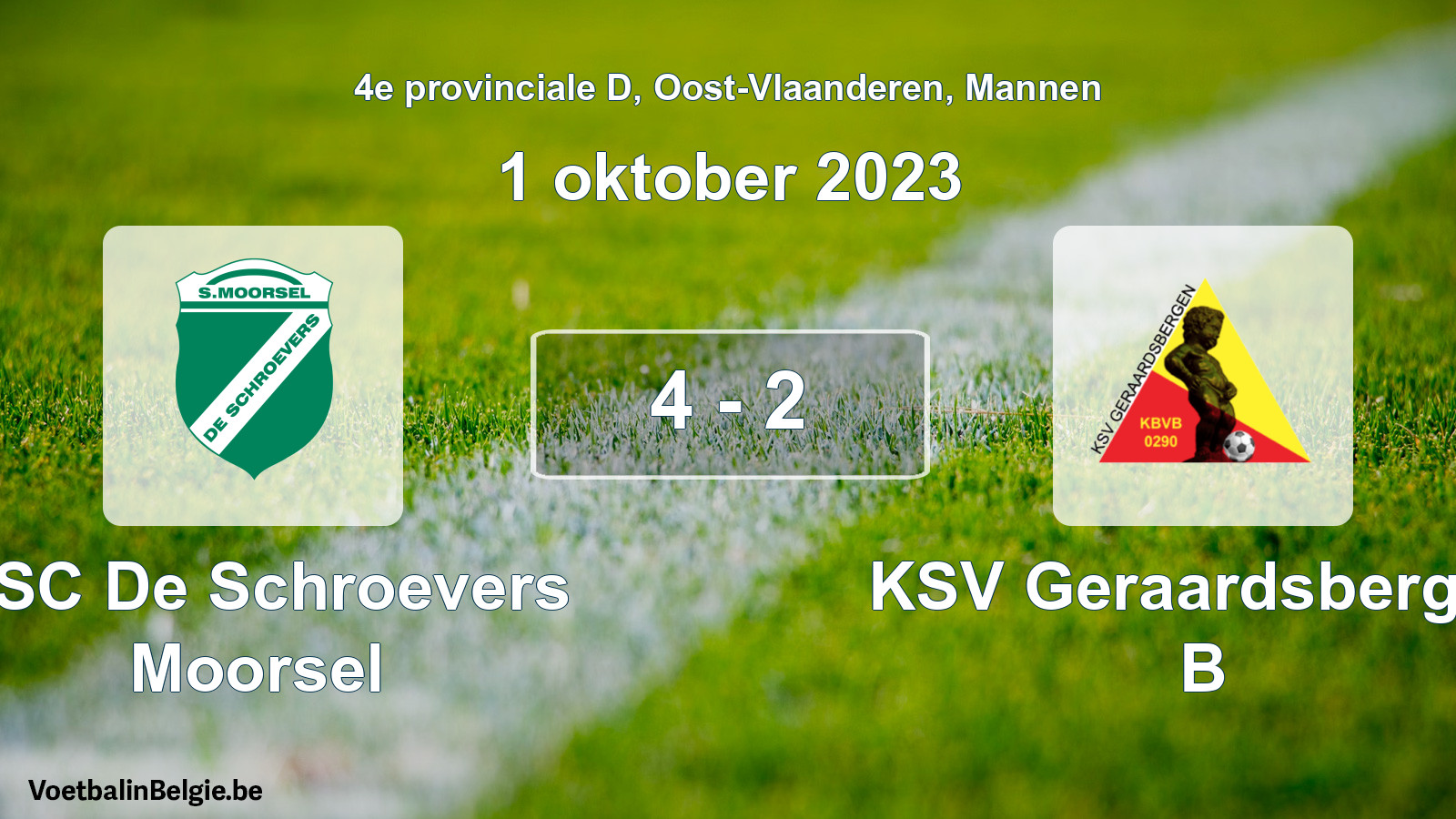 Gespeelde wedstrijd mannenvoetbal: KSC De Schroevers Moorsel - KSV Geraardsbergen B 4 - 2 (1 oktober 2023)