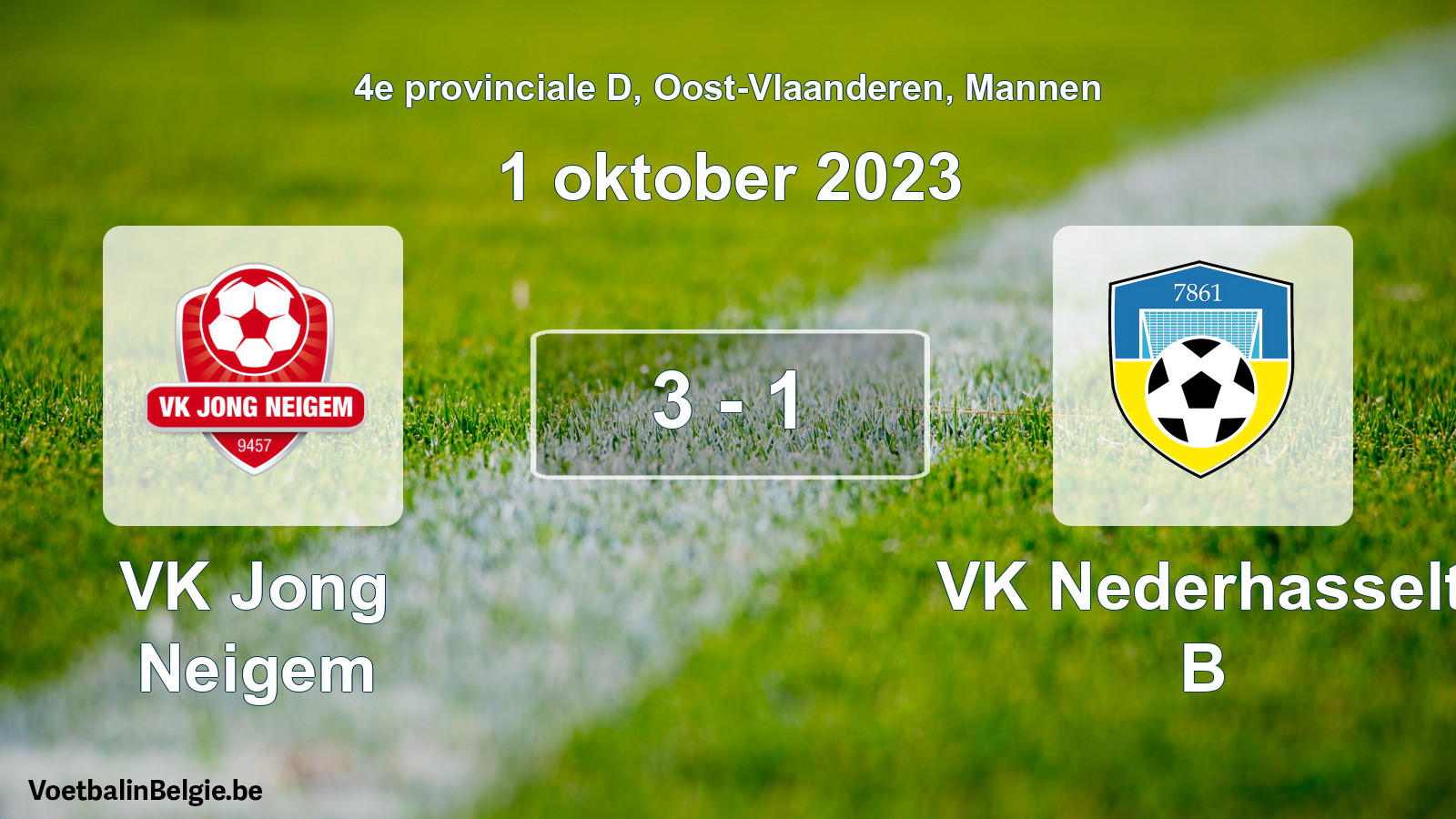 Gespeelde wedstrijd mannenvoetbal: VK Jong Neigem - VK Nederhasselt B 3 - 1 (1 oktober 2023)