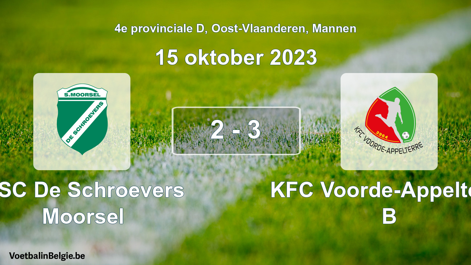 Gespeelde wedstrijd mannenvoetbal: KSC De Schroevers Moorsel - KFC Voorde-Appelterre B 2 - 3 (15 oktober 2023)