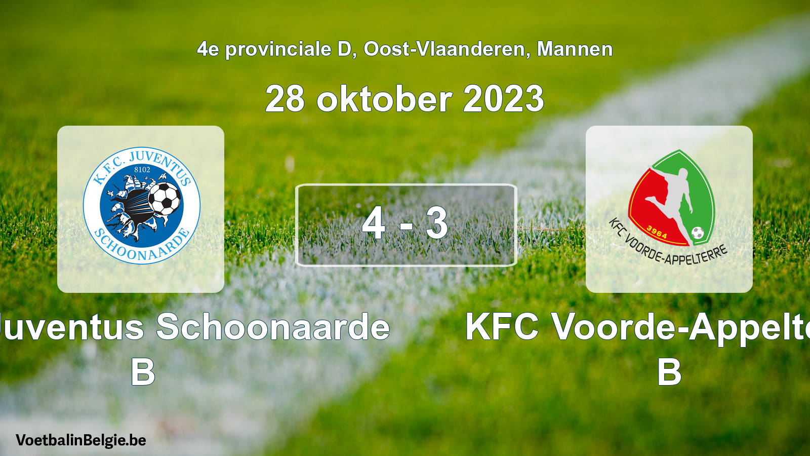 Gespeelde wedstrijd mannenvoetbal: KFC Juventus Schoonaarde B - KFC Voorde-Appelterre B 4 - 3 (28 oktober 2023)
