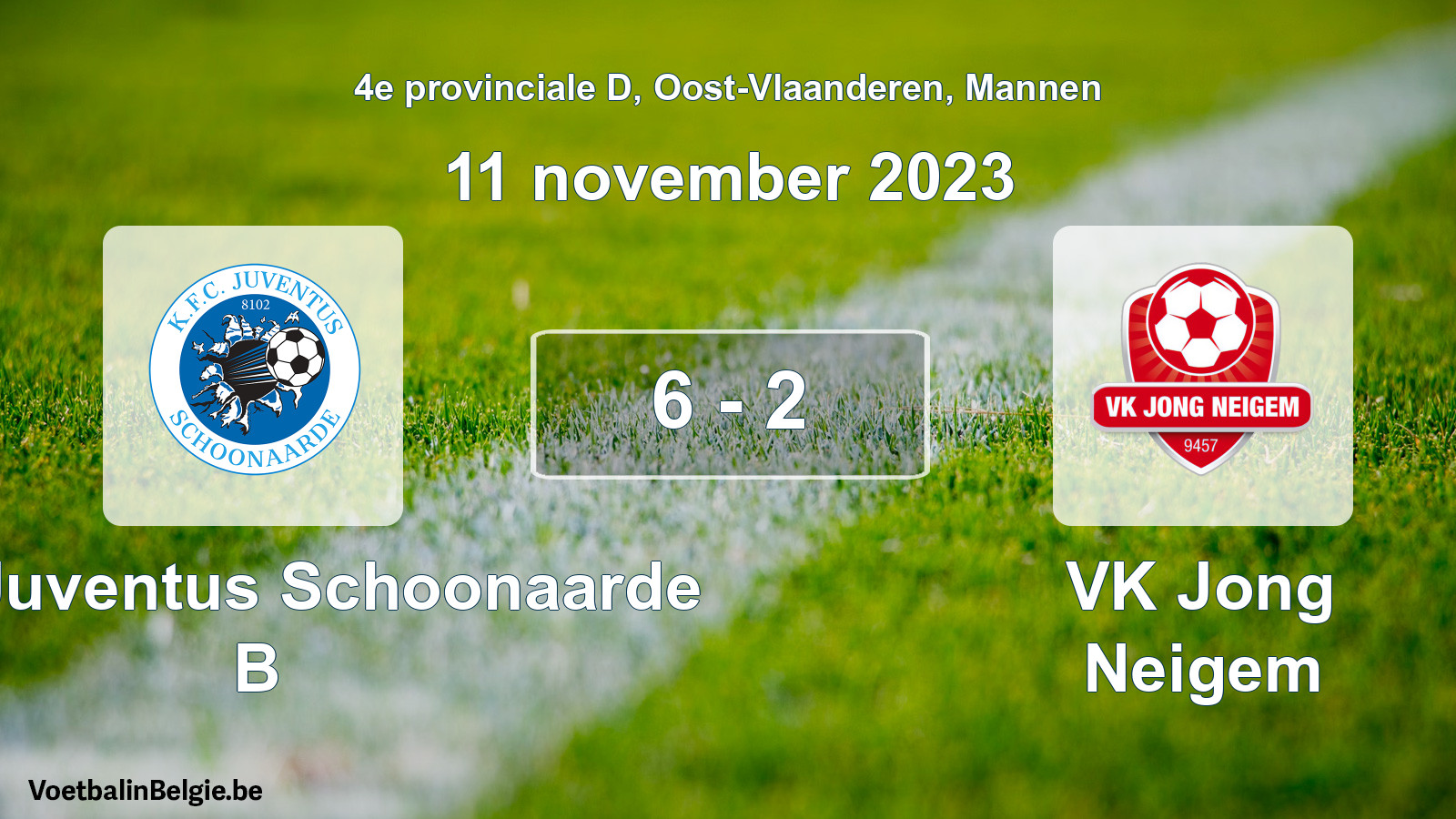 Gespeelde wedstrijd mannenvoetbal: KFC Juventus Schoonaarde B - VK Jong Neigem 6 - 2 (11 november 2023)