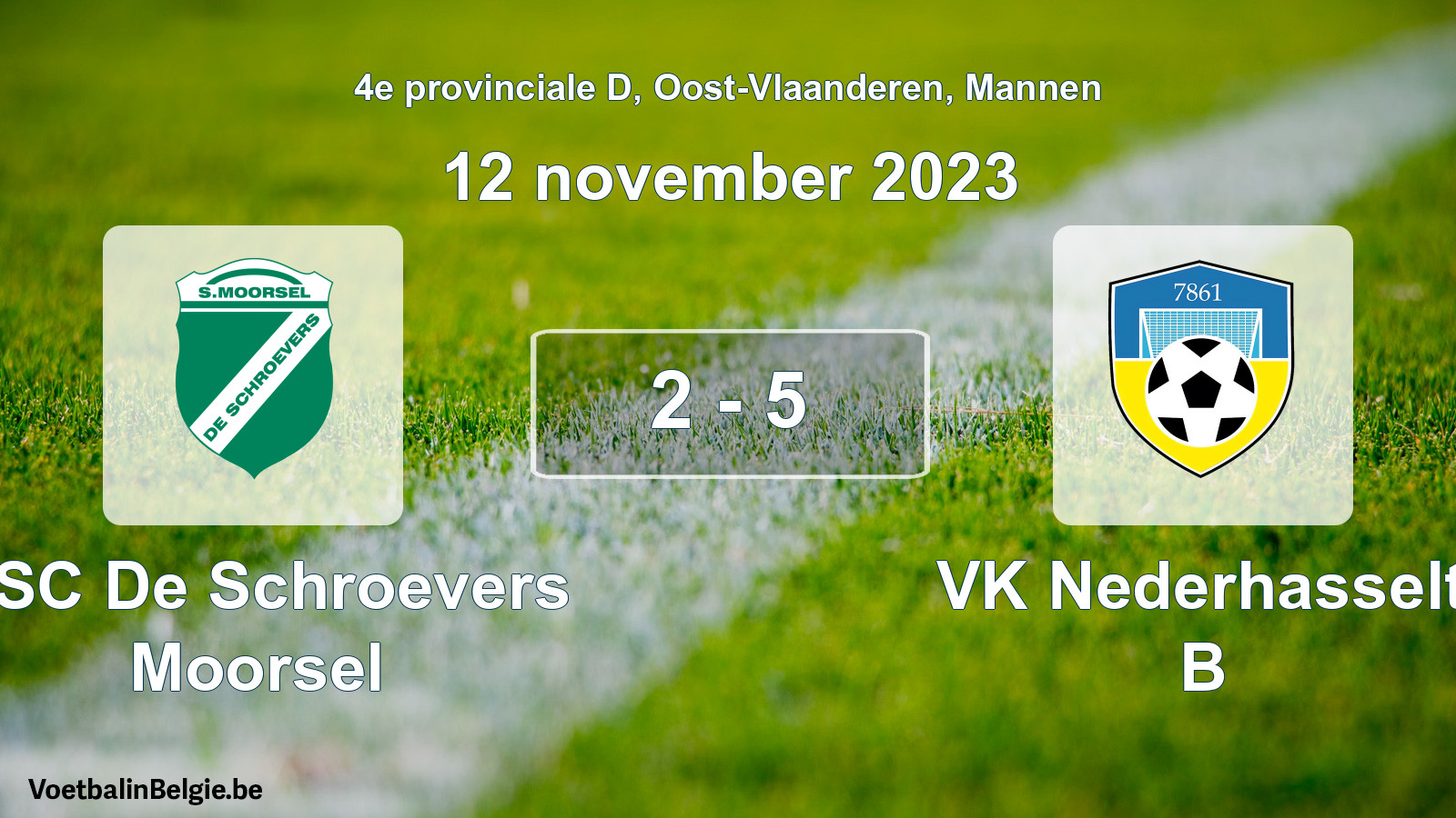 Gespeelde wedstrijd mannenvoetbal: KSC De Schroevers Moorsel - VK Nederhasselt B 2 - 5 (12 november 2023)