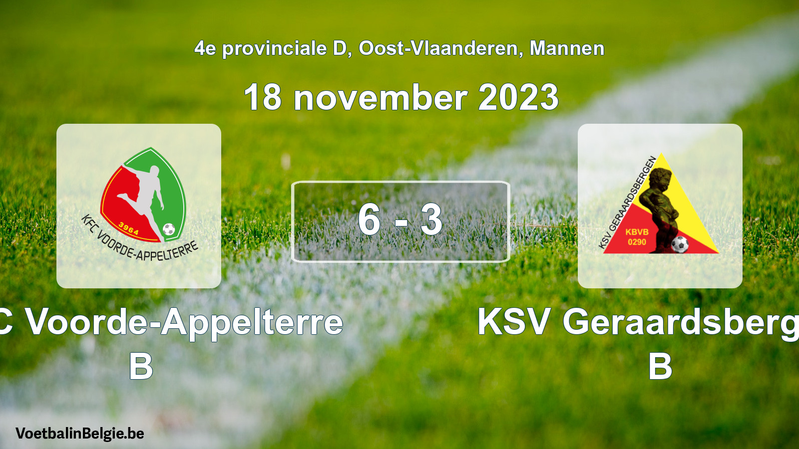 Gespeelde wedstrijd mannenvoetbal: KFC Voorde-Appelterre B - KSV Geraardsbergen B 6 - 3 (18 november 2023)