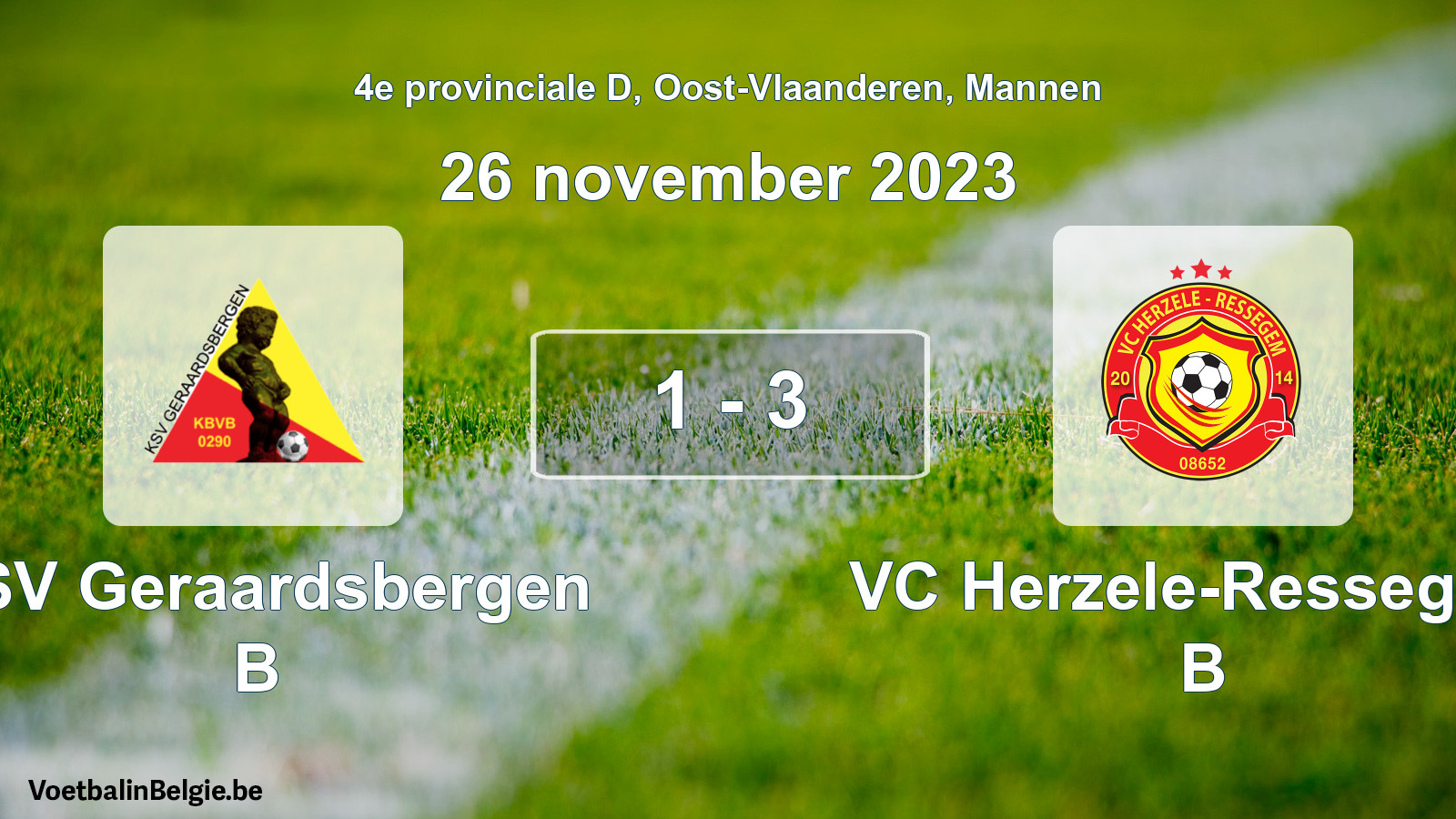 Gespeelde wedstrijd mannenvoetbal: KSV Geraardsbergen B - VC Herzele-Ressegem B 1 - 3 (26 november 2023)