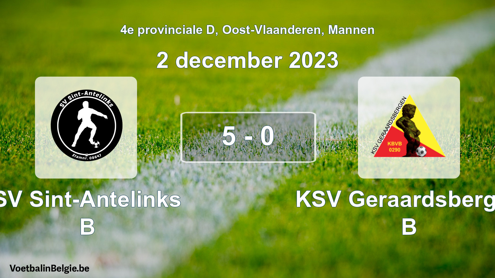 Gespeelde wedstrijd mannenvoetbal: SV Sint-Antelinks B - KSV Geraardsbergen B 5 - 0 (2 december 2023)