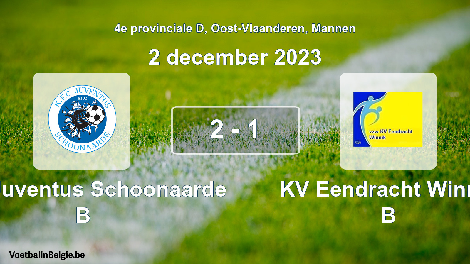 Gespeelde wedstrijd mannenvoetbal: KFC Juventus Schoonaarde B - KV Eendracht Winnik B 2 - 1 (2 december 2023)