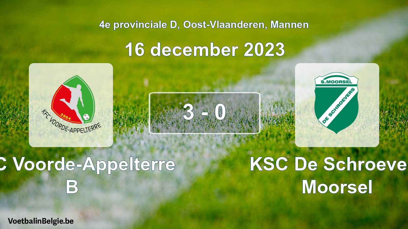 Gespeelde wedstrijd mannenvoetbal: KFC Voorde-Appelterre B - KSC De Schroevers Moorsel 3 - 0 (16 december 2023)
