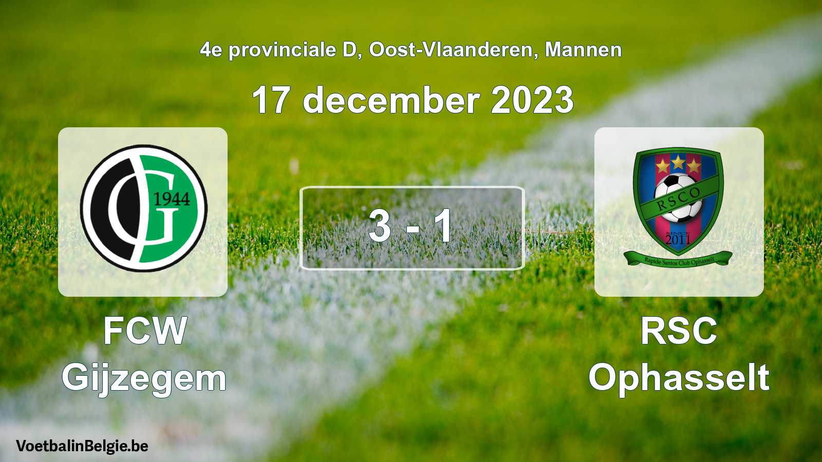 Gespeelde wedstrijd mannenvoetbal: FCW Gijzegem - RSC Ophasselt 3 - 1 (17 december 2023)
