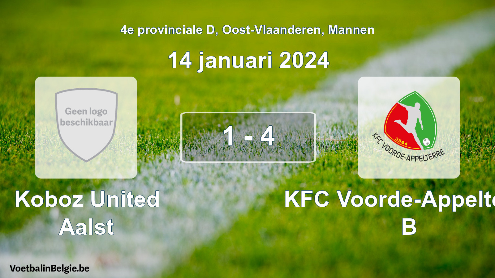 Gespeelde wedstrijd mannenvoetbal: Koboz United Aalst - KFC Voorde-Appelterre B 1 - 4 (14 januari 2024)