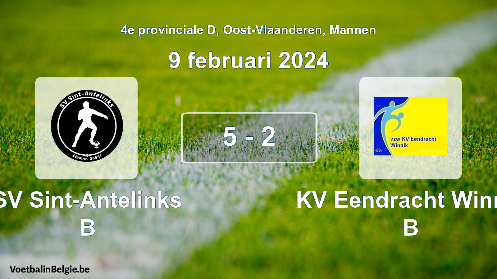 Gespeelde wedstrijd mannenvoetbal: SV Sint-Antelinks B - KV Eendracht Winnik B 5 - 2 (9 februari 2024)