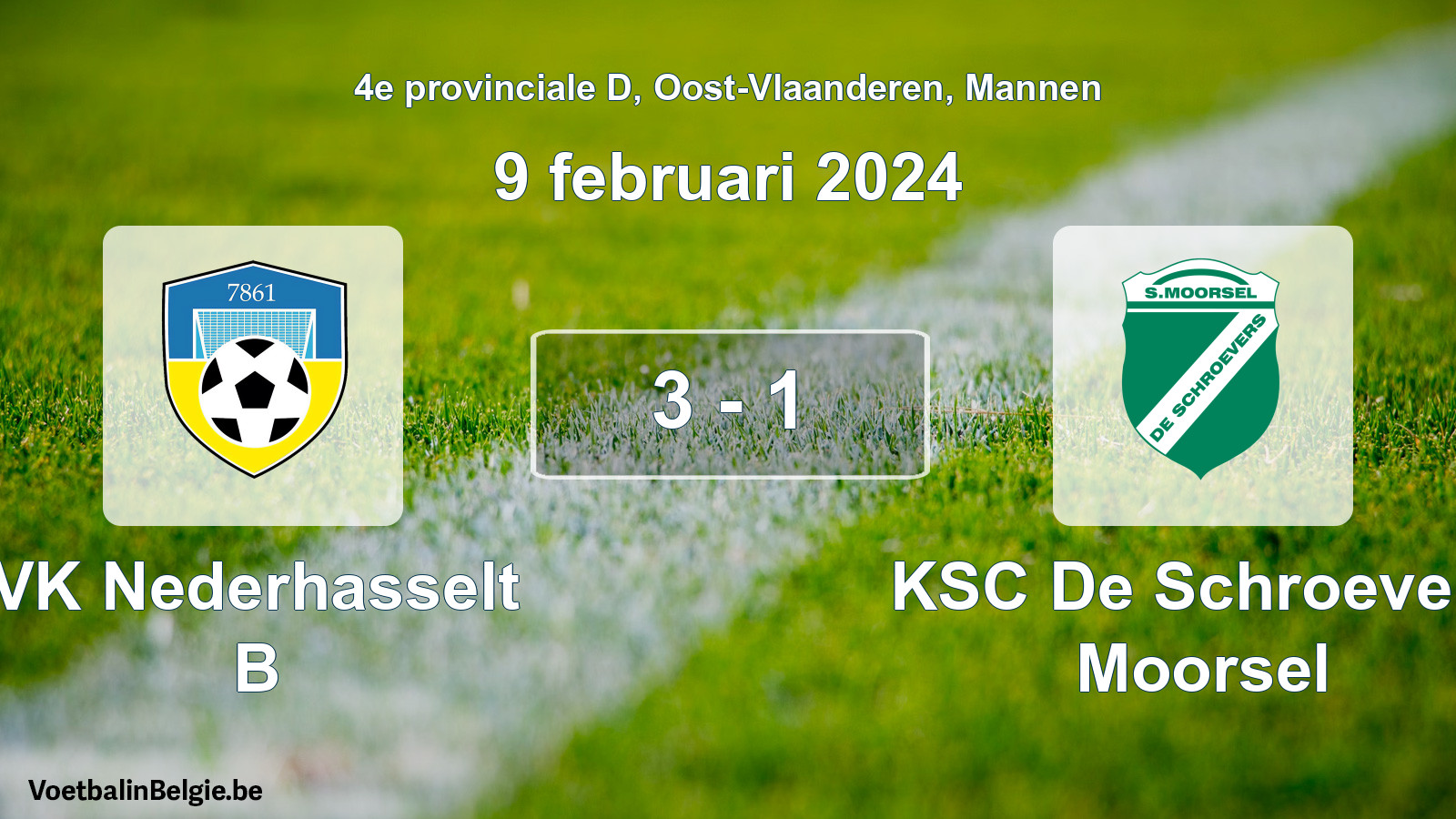 Gespeelde wedstrijd mannenvoetbal: VK Nederhasselt B - KSC De Schroevers Moorsel 3 - 1 (9 februari 2024)