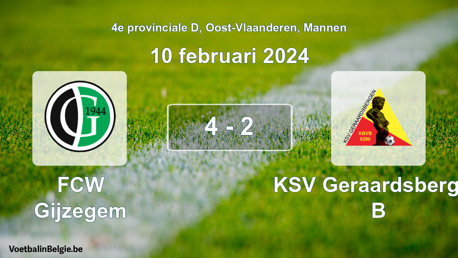 Gespeelde wedstrijd mannenvoetbal: FCW Gijzegem - KSV Geraardsbergen B 4 - 2 (10 februari 2024)