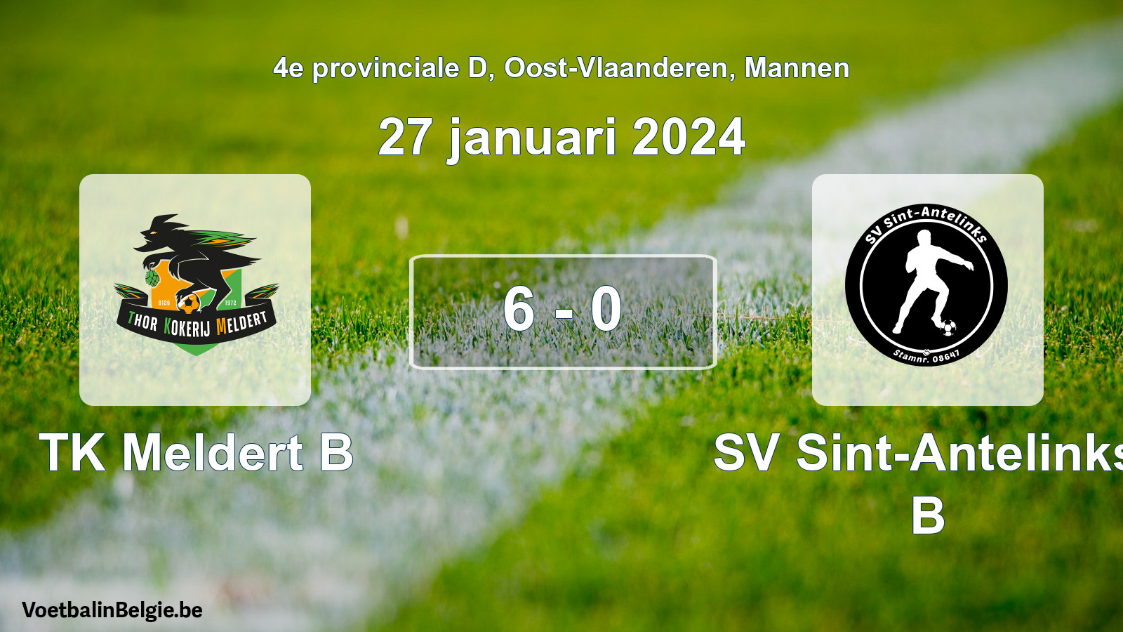 Gespeelde wedstrijd mannenvoetbal: TK Meldert B - SV Sint-Antelinks B 6 - 0 (27 januari 2024)