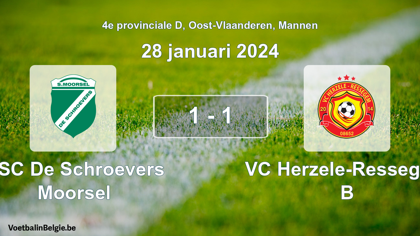 Gespeelde wedstrijd mannenvoetbal: KSC De Schroevers Moorsel - VC Herzele-Ressegem B 1 - 1 (28 januari 2024)