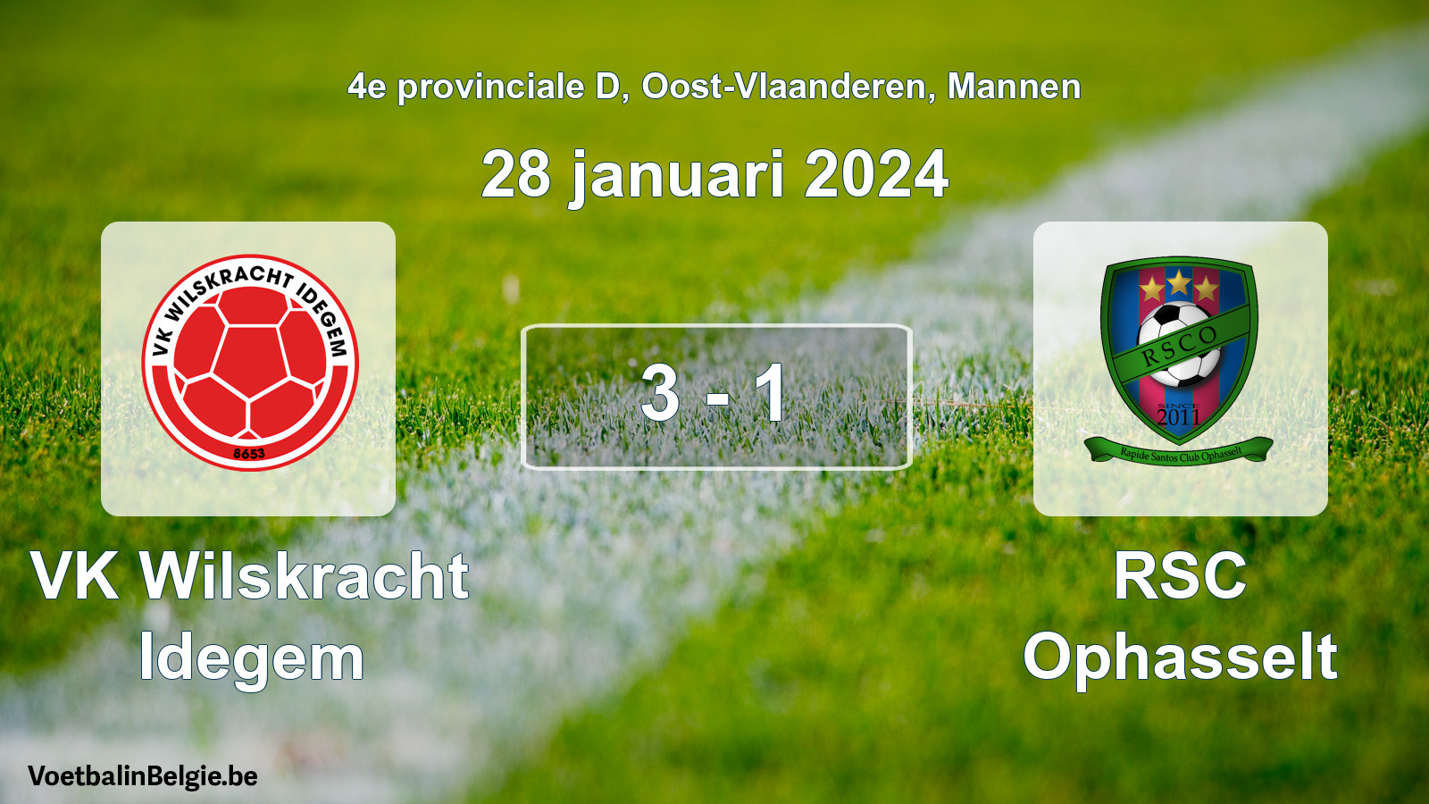 Gespeelde wedstrijd mannenvoetbal: VK Wilskracht Idegem - RSC Ophasselt 3 - 1 (28 januari 2024)