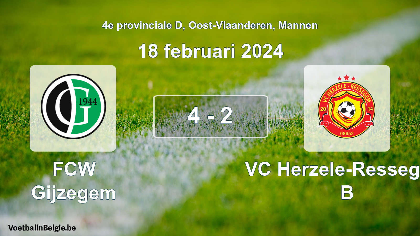 Gespeelde wedstrijd mannenvoetbal: FCW Gijzegem - VC Herzele-Ressegem B 4 - 2 (18 februari 2024)