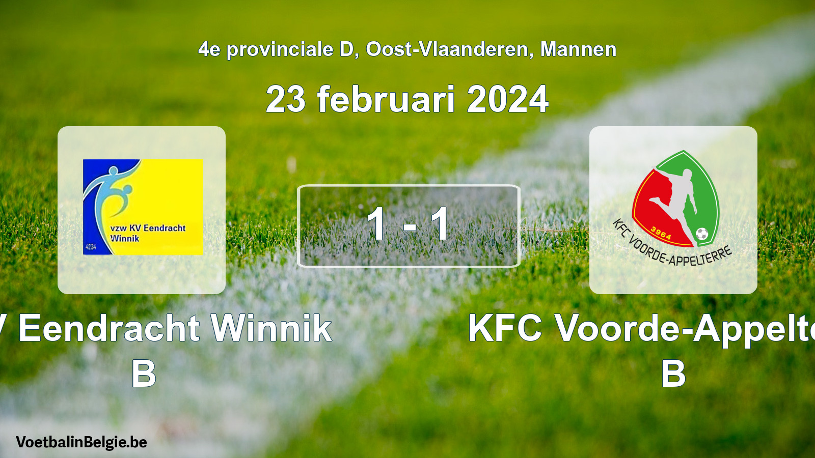 Gespeelde wedstrijd mannenvoetbal: KV Eendracht Winnik B - KFC Voorde-Appelterre B 1 - 1 (23 februari 2024)
