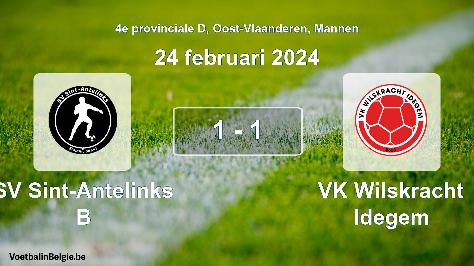 Gespeelde wedstrijd mannenvoetbal: SV Sint-Antelinks B - VK Wilskracht Idegem 1 - 1 (24 februari 2024)