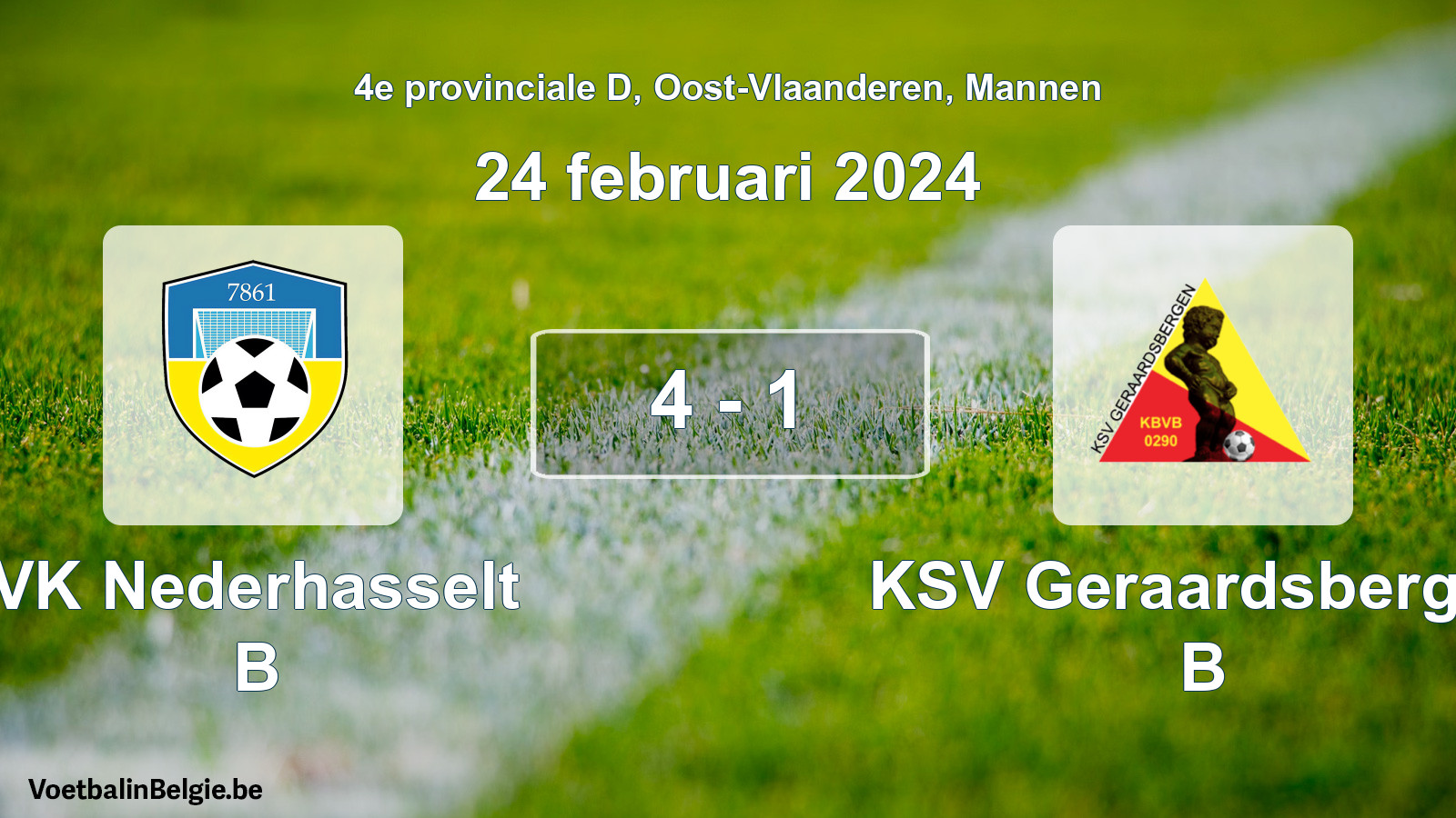 Gespeelde wedstrijd mannenvoetbal: VK Nederhasselt B - KSV Geraardsbergen B 4 - 1 (24 februari 2024)