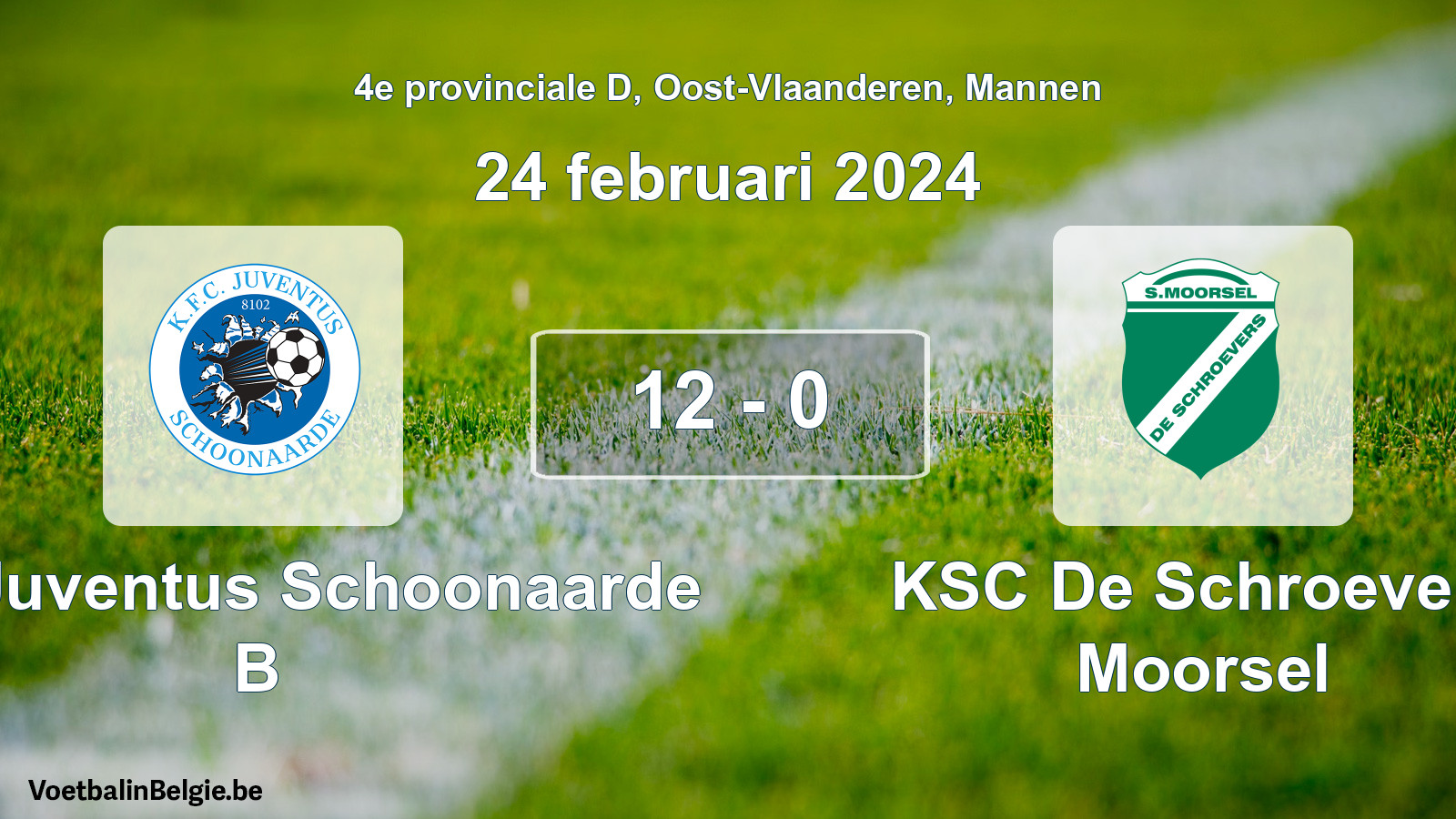 Gespeelde wedstrijd mannenvoetbal: KFC Juventus Schoonaarde B - KSC De Schroevers Moorsel 12 - 0 (24 februari 2024)