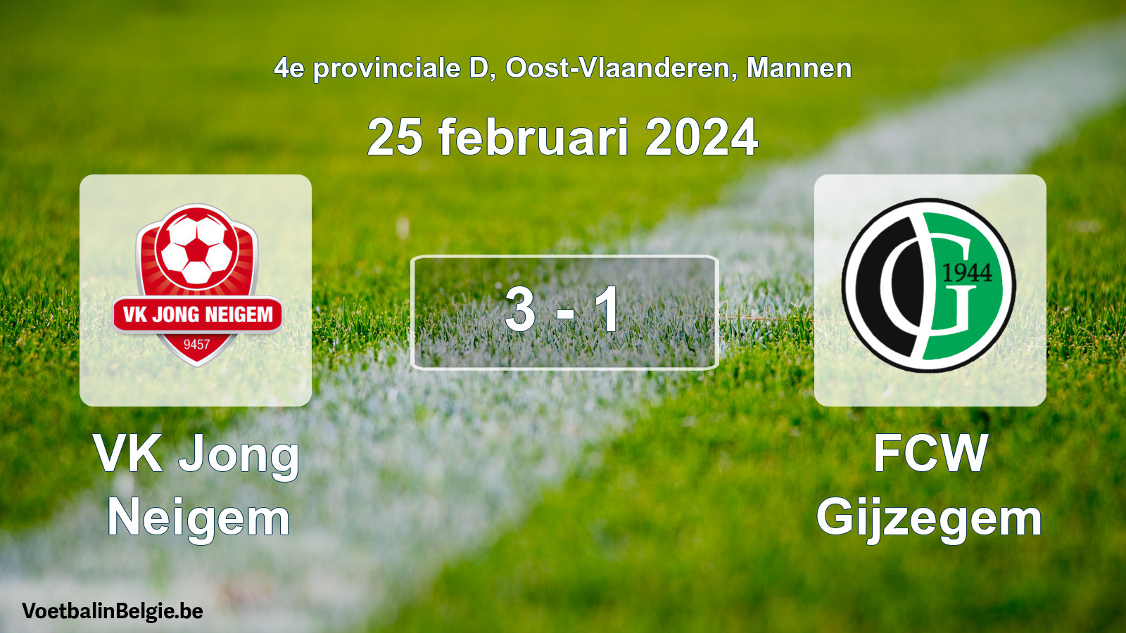 Gespeelde wedstrijd mannenvoetbal: VK Jong Neigem - FCW Gijzegem 3 - 1 (25 februari 2024)