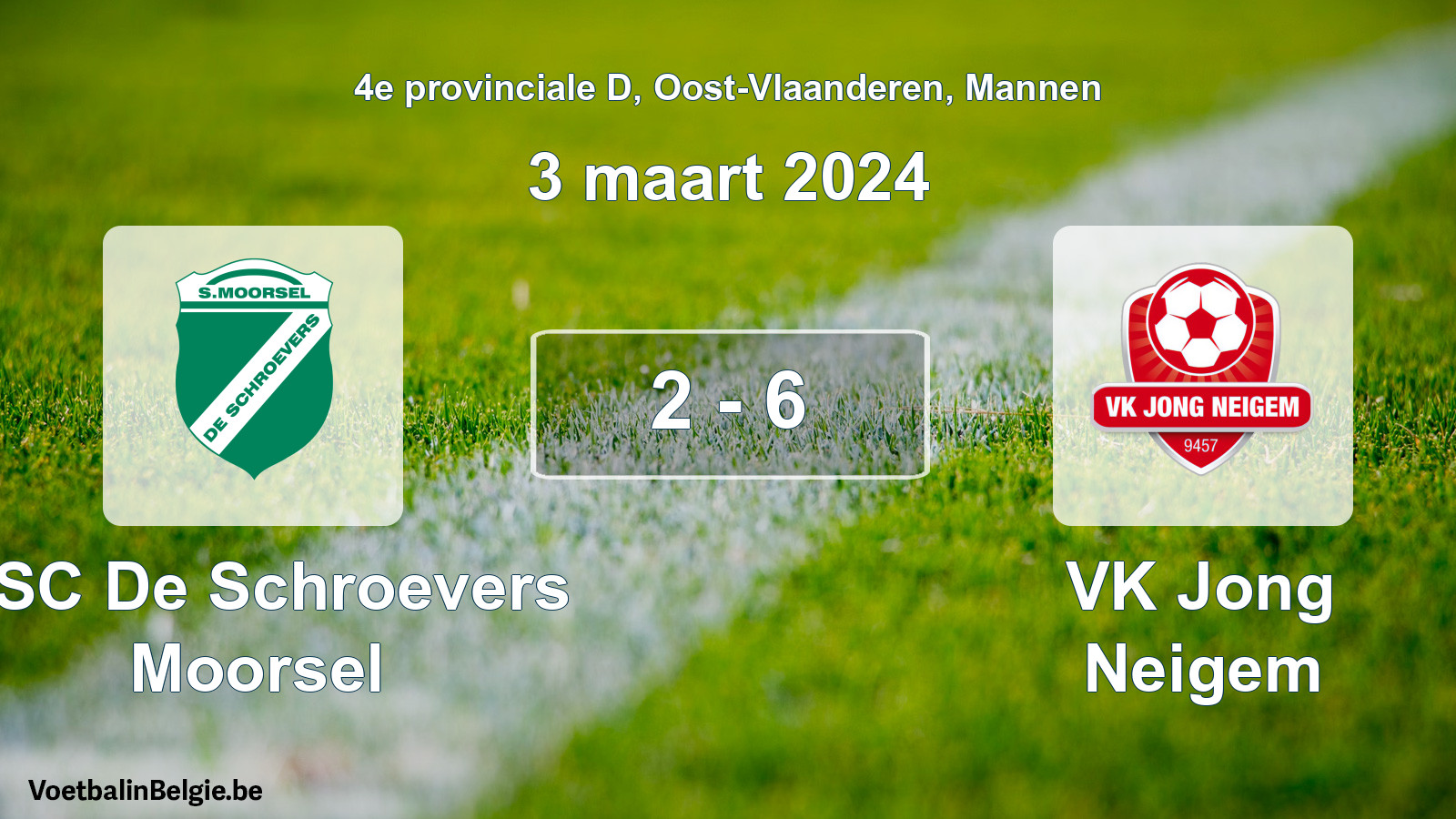 Gespeelde wedstrijd mannenvoetbal: KSC De Schroevers Moorsel - VK Jong Neigem 2 - 6 (3 maart 2024)