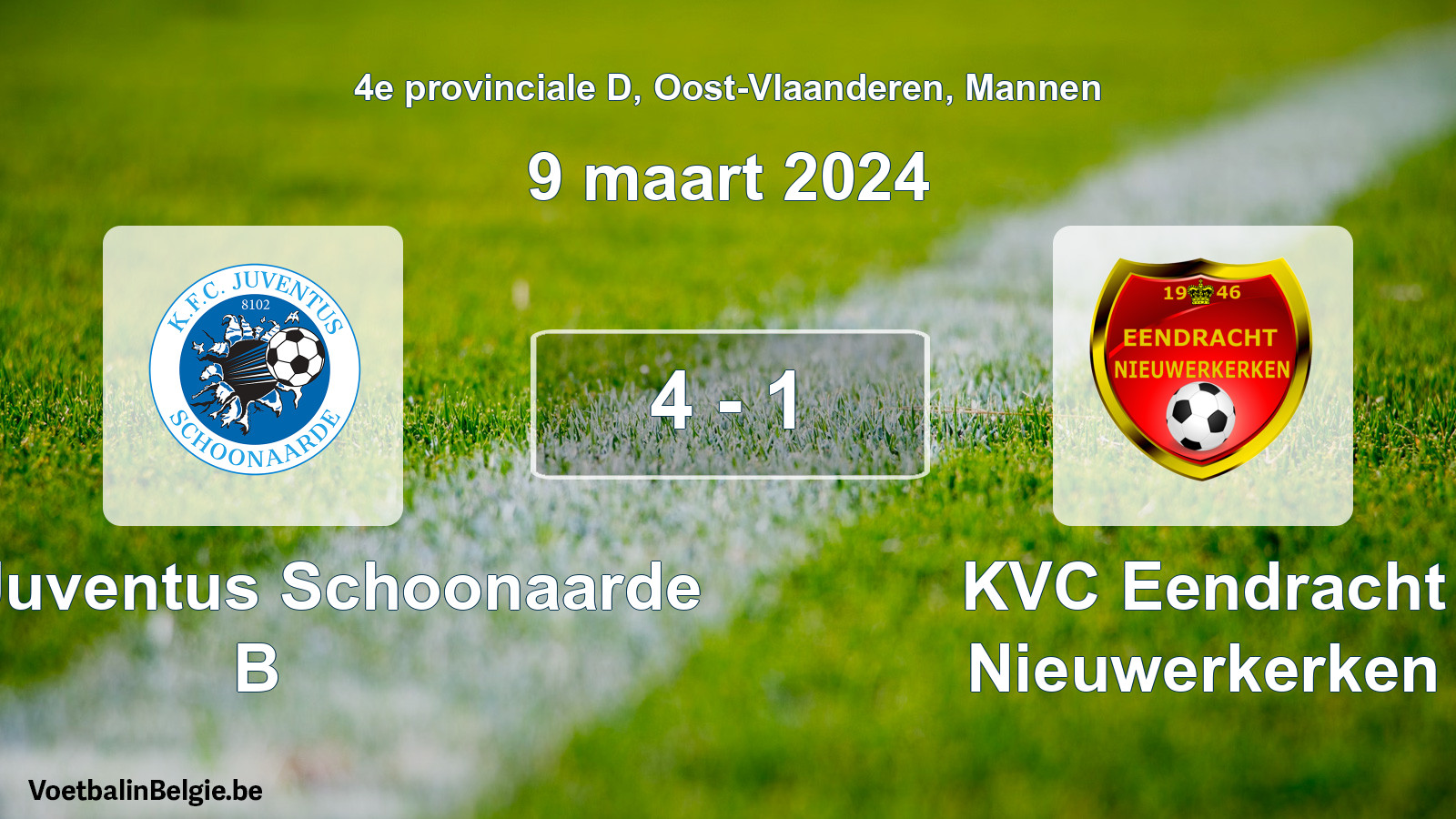 Gespeelde wedstrijd mannenvoetbal: KFC Juventus Schoonaarde B - KVC Eendracht Nieuwerkerken 4 - 1 (9 maart 2024)